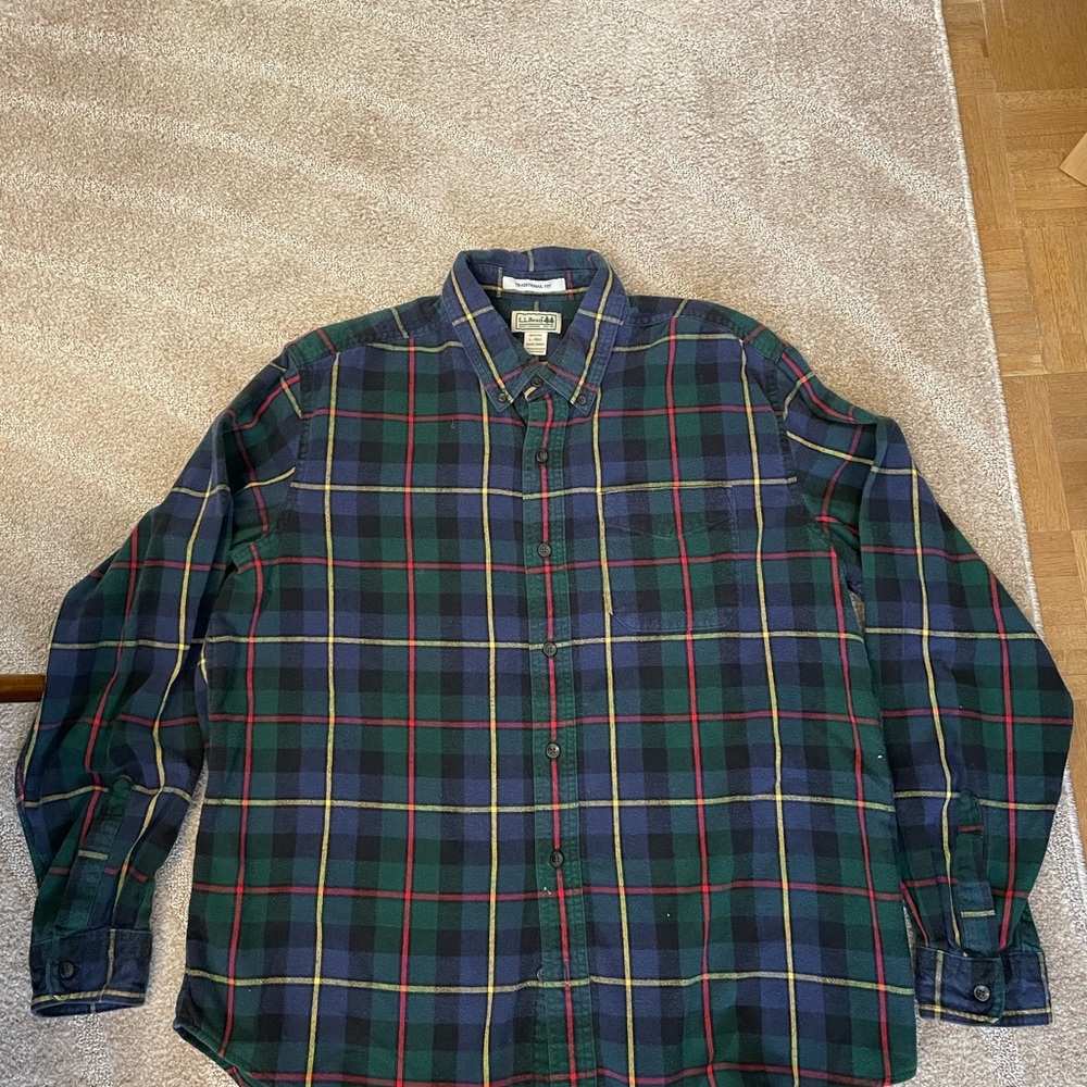 Vintage LL Bean Men's Plaid Shirt - Green and Blue